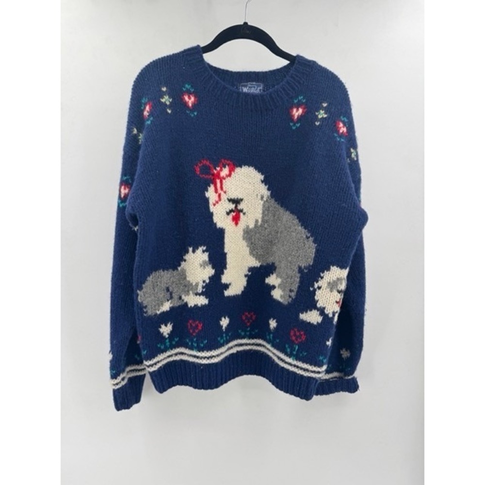Vintage Woolrich Womens RARE Blue Sheepdog Wool Sweater LARGE Cottage Intarsia